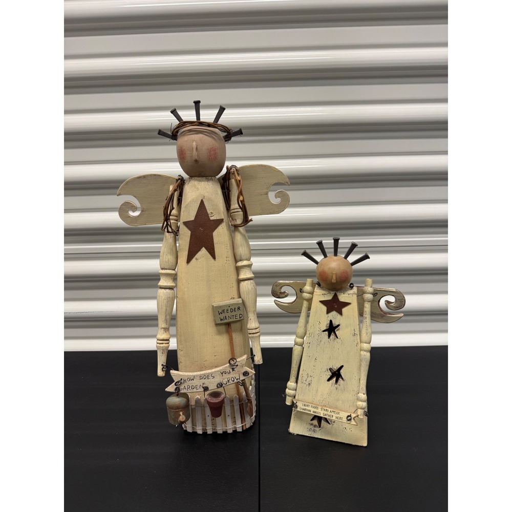Rustic Wood Folk Art Garden Angel Figurine Set Farmhouse Primitive Decor 2pc